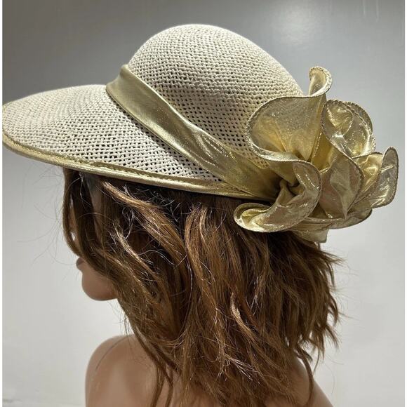 Ribbon Sonni Hat Natural Straw With Gold Bow Fabric cloche Style Sun Hat